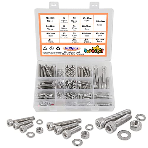 huruirui Assortiment 300 pièces de vis avec écrous et rondelles M5 M6 M8, vis avec écrous, à six pans creux, en acier inoxydable 304, pour accessoires de fixation, bricolage