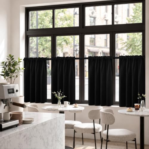 Image of MIULEE Short 45 Inch Blackout Kitchen Window Curtains Black Set of 4 Panels | Light Blocking Bedroom Drapes, Room Darkening Thermal Insulation, Rod Pocket Short Curtains Small Windows, Privacy Protection