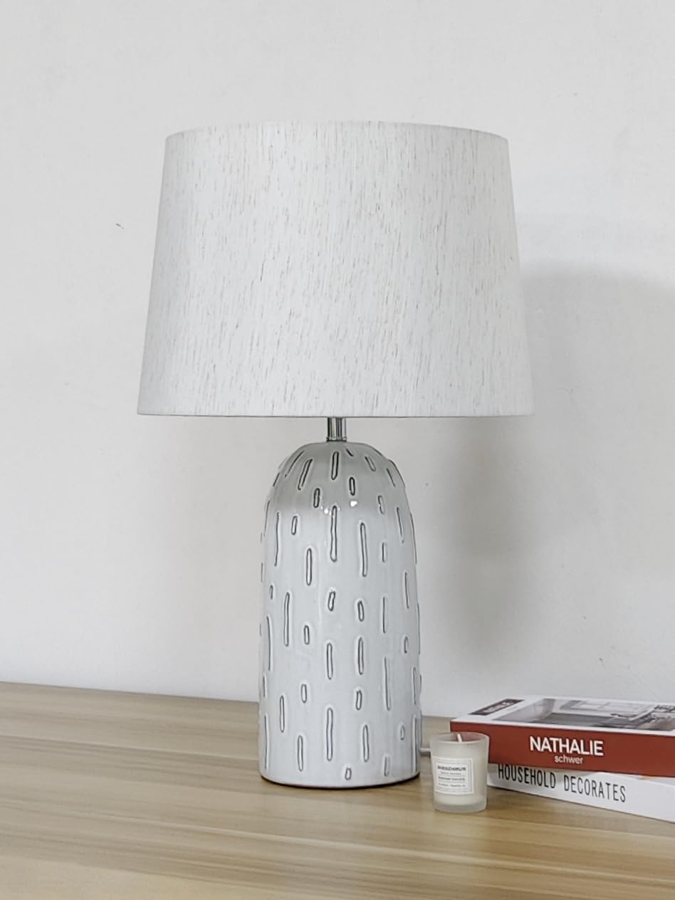 K Living White Modern Ceramic Table Lamp In A Soft Base Finish With A Natural Linen Shade – 61.5Cm | Modern Glazed Base With Linen Shade