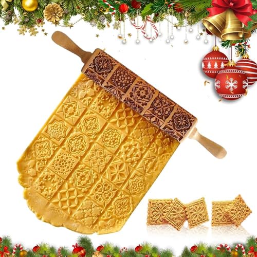 yotutun Nudelholz mit Muster Weihnachten, 35CM Teigroller 3D Holz Präge-Rollholz Motiv Geprägt Blumen Spekulatiusroller für DIY, Weihnachten, Küche,...