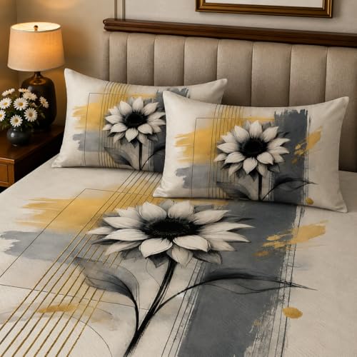 Image of 7D Digital Printed King Size Bedsheet with 2 Pillow Covers | Soft Premium Cotton Feel Microfiber Double Bed Bedsheet|Breathable,Wrinkle Free & Fade Resistant|(Cream&Yellow,KingSize-225x250CM)