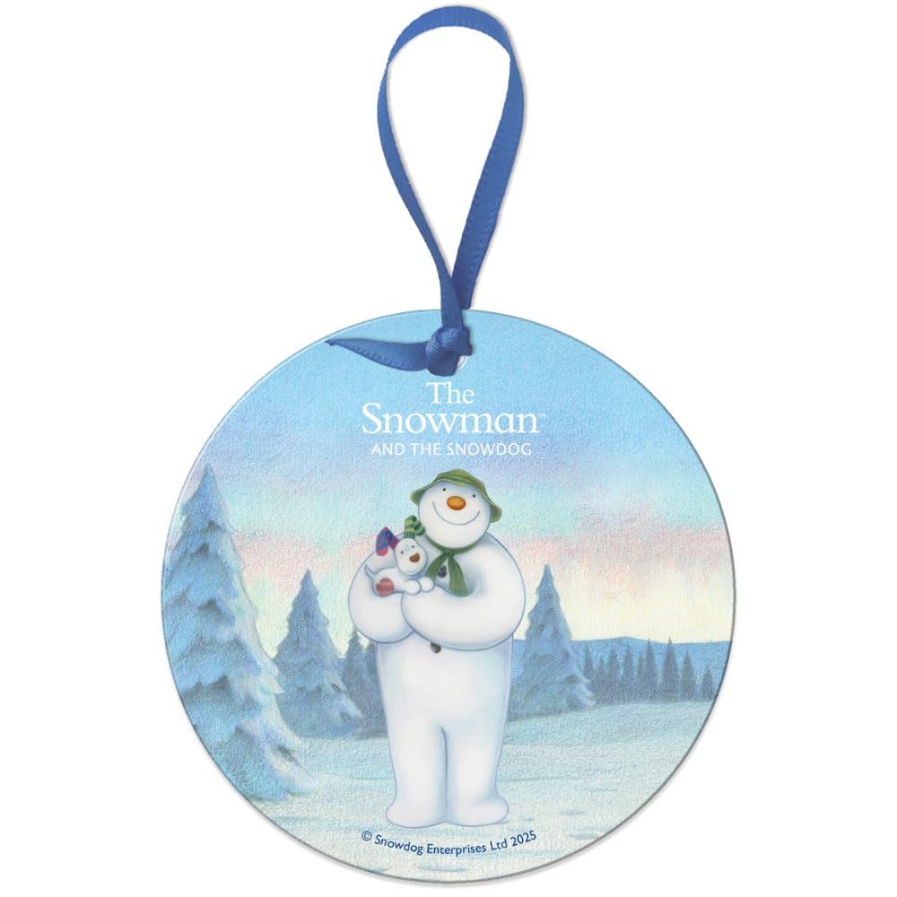 The Original Metal Sign Standing Pose Round Metal Dangler Ornament Sign (75 Mm Diameter) - The Snowman And The Snowdog (Standing Pose)