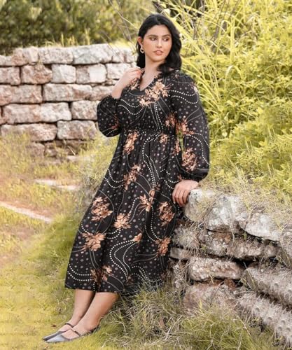 Image of TIYOMI Womens Plus Size Dresses Fall Long Sleeve Maxi Dresses V Neck Floral Spring Party Dress with Pockets XL-5XL (14W-28W)