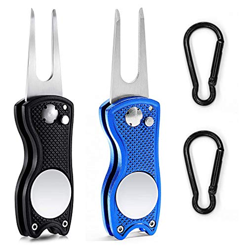 YYWEi 2Pcs Golf Divot Tool Fourchette de Golf Réparation Pliable Golf Divot Outil de Réparation Réparation Verte avec Marqueur De Balle MagnEtique + 2Pcs Mousqueton