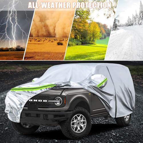 Image of Waterproof Car Covers Replace for 2021-2025 Ford Bronco 4 Door, 6 Layers Silver All Weather Car Cover with Zipper Door & Windproof Bands for Snow Rain Dust Hail Protection