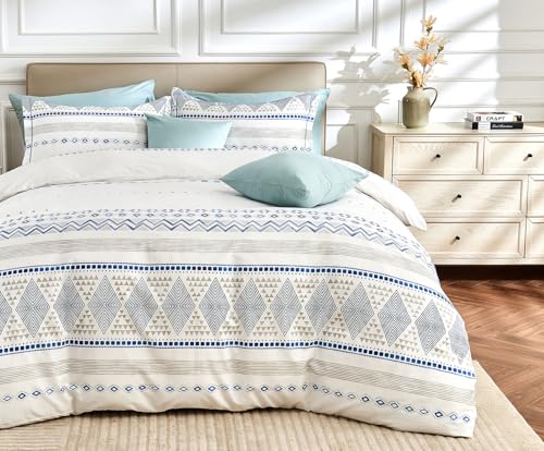 Image of SLEEPBELLA Boho King Size Duvet Cover Set - Cotton Reversible Blue /White with Button Closure & Soft, Breathable Fabric