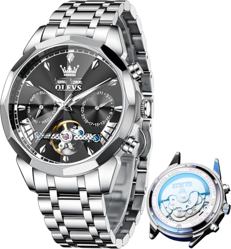 Image of OLEVS Automatic Self Winding Men's Wrist Watch Skeleton Stainless Steel Calendar Chronograph Waterproof Luminous Luxury Gift Branded Watch for Man