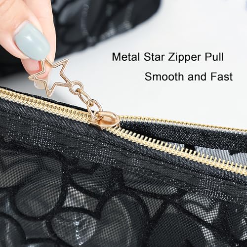 Image of Square Mesh Makeup Bag Flocking Heart Printed, Portable Travel Mesh Cosmetic Bags Toiletry Bags Makeup Purse Bags Five-pointed star zipper pull Storage Pouches, for Home Travel Accessories