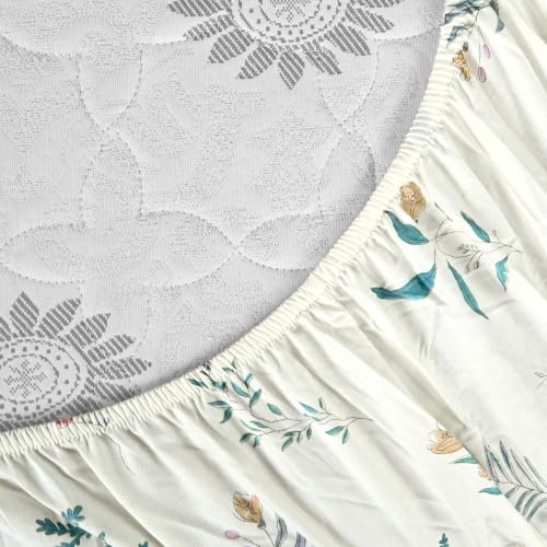 Image of Divine Casa King Size Fitted Bedsheet with 2 Pillow Covers (200 x 180 CM) | Cotton Twill Satin Floral Print | Cream Beige Elastic Fitted Sheet for Mattress.