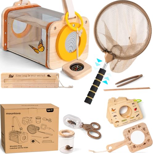 Wooden Bug Catcher Kit for Kids 3-8, 11PCS Outdoor Explorer Set with Bug House, Butterfly Net, Magnifier & Tools, Catch & Release STEM Nature Kit, Non-Plastic Educational Gift for Boys & Girls