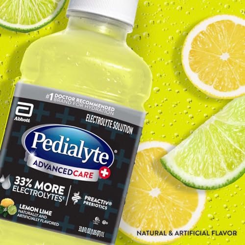 Image of Pedialyte AdvancedCare Plus Electrolyte Hydration Drink | Has 33% More Electrolytes and Has PreActiv Prebiotics | Lemon Lime | 1 Liter, Pack of 4