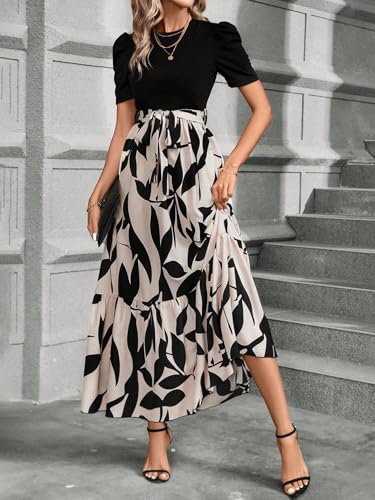 PerZeal Women's Casual Summer Crewneck A Line Short Sleeve Print Flowy Boho Long Maxi Dress with Belt2