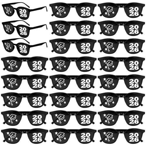 Kingdder Class of 2026 Graduation Sunglasses Bulk 2026 Graduation Eyeglasses Black Grad Cap Photo Booth Props with Stars Design for Party Favor Supplies Decorations(12 Pairs,Vintage)