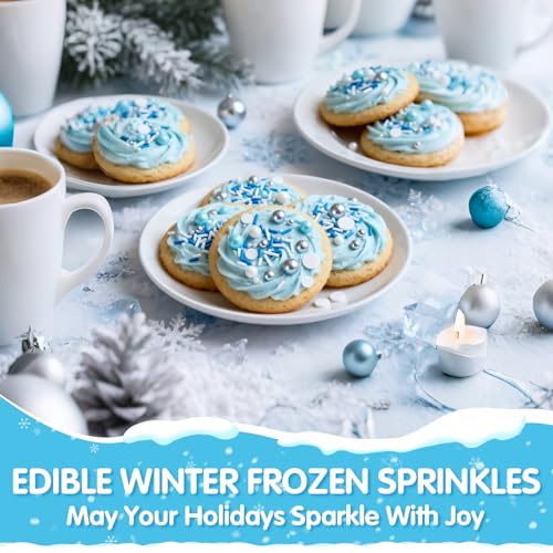 Image of Edible Blue Silver White Sprinkles,Winter Jimmies Pearls Mix,130g /4.58oz,Perfect for Cake Decorations,Cake and Cupcake Sprinkles with Assorted Shapes and Sizes for Parties Baking,Ice Cream,Cookies,Cupcake Topper,Baby Shower Party Decorating Supplies