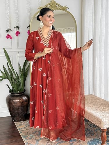 Image of ANNI Designer Women's Viscose Silk Anarkali Printed Kurta with Pant & Dupatta | Festive Ethnic Suit Set for Women | Printed Anarkali Kurti Pant Dupatta Set | Elegant for Ladies