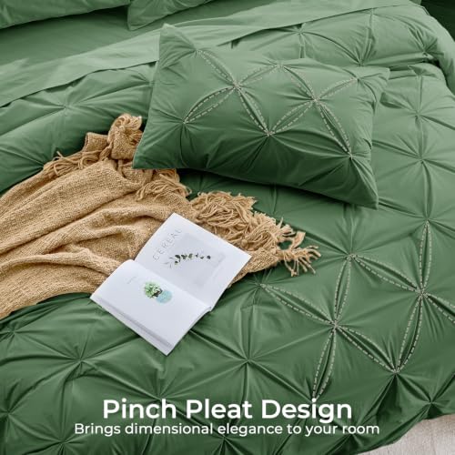 Image of Sasttie Queen Comforter Set, 7-Piece Bed in a Bag, Pintuck Bedding Sets for All Season, Includes Comforter, Flat Sheet, Fitted Sheet, Pillowcases and Pillowshams, Forest Green