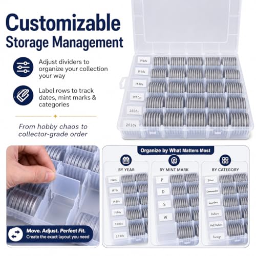 Image of FULLCASE Coin Capsules for Collectors, 168-Piece Storage Case,Fits 20-46mm | 6-Size Foam Gaskets,for Silver Dollars Eagles&Foreign Coins,Airtight Coin Storage Box,Organizer Collecting Supplies White