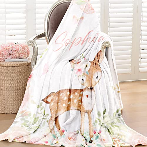 Image of Personalized Deer Baby Blanket for Girl Custom Name Blanket for Newborn Kid