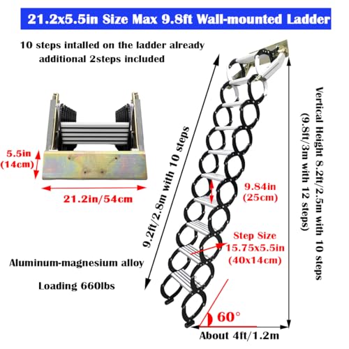 Intbuying Black Folding Ladder Extension Loft Stairs Narrow Wall-Mounted Attic Loft Stairs Attic Stairs 8.2-9.8Ft Vertial Height Pulldown Wall Telescopic Fold Ladder 21.2X5.5In Size,12 Pedals thumb #1
