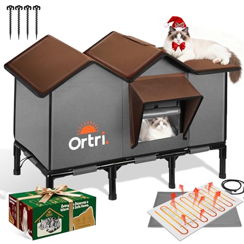 Outdoor Heated Cat House for Outside: Winter Insulated Weatherproof Shelter with Extra Large Elevated Warm Heater and Waterproof Heating Bed for Multiple Feral Kitties Small Pets Dogs for Indoor Barn
