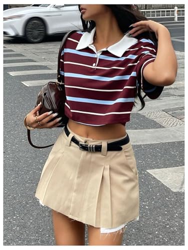 Image of RoseSeek Women's Preppy Striped Button Down Crop Tops Collar Neck T Shirt