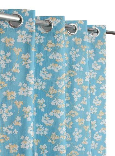 Image of Floral Printed Home Decor Curtains for Living Room, Bedroom Doors and Windows Panel, Parda, Eyelets Hanging, Aqua Blue, 4 x 7 Feet, 1 Piece