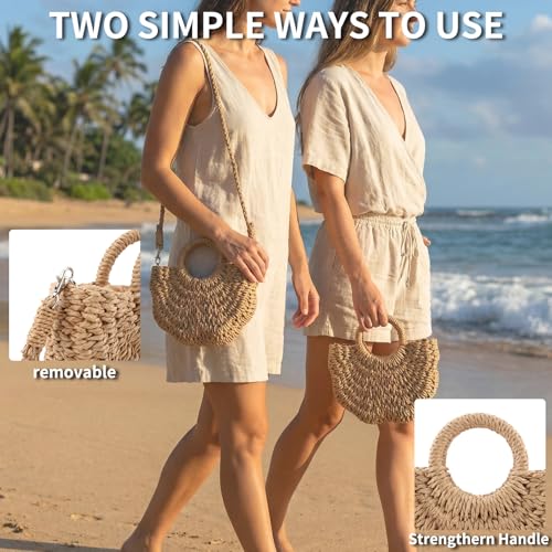 Image of Rattan Handmade Straw Tote Handbag Beach Shoulder Bag Summer Beach Rattan Bag Straw Bag