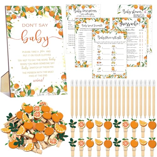 Image of Patelai 321 Pcs Orange Baby Shower Game Supplies for Girl or Boy 5 Set Include 50 Activity Cards 20 Pencils 1 Don't Say Baby Sign 50 Clothespins for Price Is Right Prediction Bingo Game Party Decor