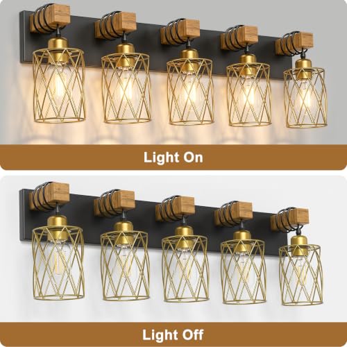 Image of IZORRO Farmhouse Bathroom Vanity Light, 5-Light Wood Bathroom Light Fixtures Over Mirror, Black and Gold Industrial Vanity Lights with Metal Shade, Rustic Restroom Lighting Fixtures