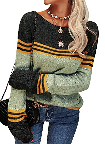 Danedvi CLASSIC Women Autumn Winter Colorblock Pullover Sweaters Round Neck Striped Slim Fitting Knitwear Tops Light Green thumb #2