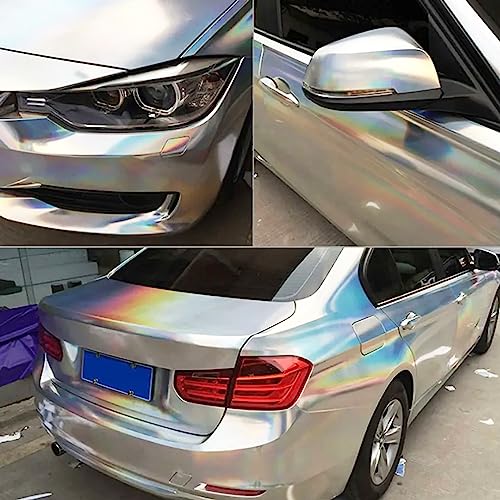 Image of Lypumso Holographic Laser Silver Vinyl Wrap, PET Chrome Metallic Car Wrap Self Adhesive Decal Sticker Air Release Glossy Film Vinyl Sheet for Cars (Silver, 1ft x 10ft)