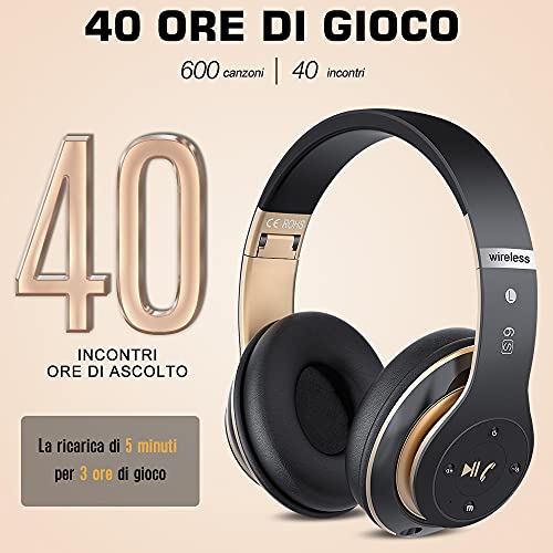 zhuolang 6S Over-ear Wireless Cuffie, Cuffie Wireless Bluetooth Cuffie Wireless Stereo Pieghevoli ad Alta Fedeltà, Microfono Incorporato, Micro SD/TF, FM (Oro nero) - Image 3