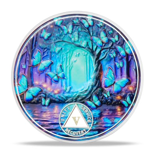 deDecoml Serenity Prayer Recovery Coin Butterfly Tree Design with Unity, Service, and Recovery Triangles Challenge Coin Sobriety Sober Coin NA AA Chips and Medallions (Blue Butterfly Tree, 5 Years)