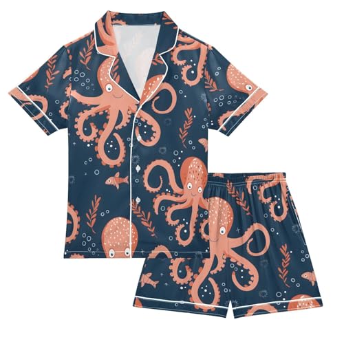 ALAZA Cartoon Kraken Bubble Pajamas Satin Pajama Set Short Sleeve Button Down Sleepwear