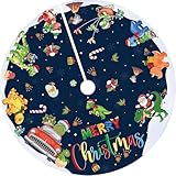 48' Christmas Tree Skirt Cute Dinosaurs Xmas Tree Skirt Santa Round Tree Mat Blue Christmas Tree Decor for Holiday Season Birthday Baby Shower Winter Xmas Party Supplies