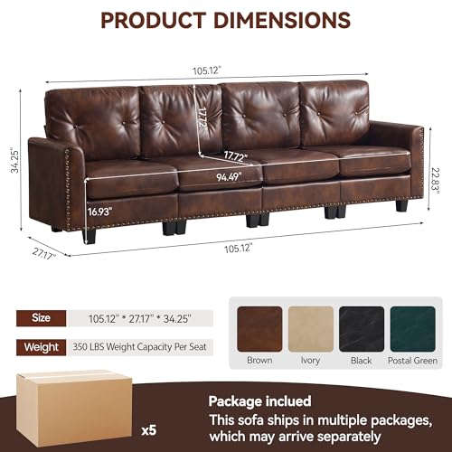 Image of 105 inch Faux Leather Modular Sectional 4 Seater Couch, Vintage PU Leather Sofa with Nailhead Trim, Mid Century Modern Tufted Couches for Living Room, Bedroom, Office, Reception, Brown