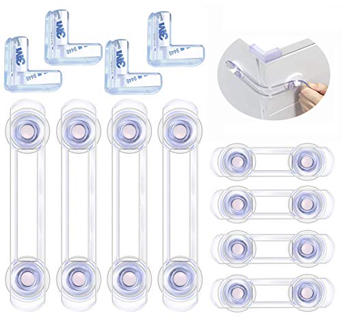8 Pezzi Bambini Chiusure di Sicurezza + 4 Pezzi Paraspigoli, Cinghia Serrature di Sicurezza per Armadietto Cassetto Armadio Guardaroba Frigorifero, Protezioni per Angoli Protegge il Bambino da Lesioni