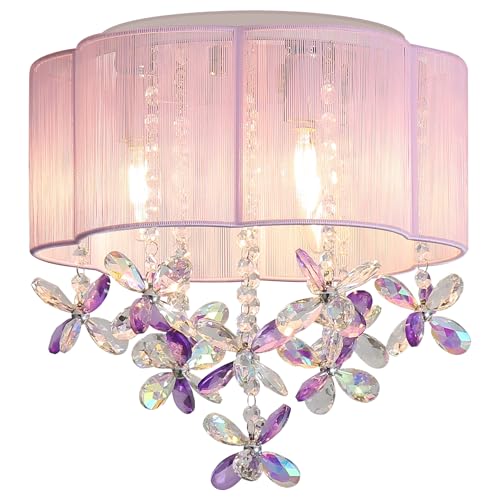3 Light Bedroom Chandelier Ceiling Light Pink Lamp 13' Small Crystal Mini Chandelier Flush Mount Ceiling Light with Handmade Flower Lampshade for Girls' Bedroom,Closet,Nursery,Dinning Room Purple