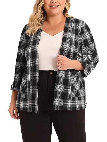 Agnes Orinda Plus Size Blazer for Women 3/4 Sleeves Casual Open Front Plaid Cardigan Blazers with Pockets