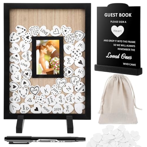 Meyeyaia Wedding Guest Book Alternatives Rustic Wedding Guest Book Sign Reception Drop Box with 100 Wooden Picture Frame Hearts for Wedding Anniversary Birthday Party (Black)