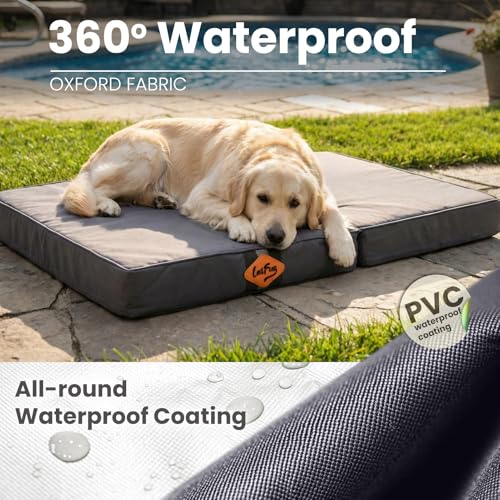 Image of Laifug Foldable Waterproof Dog Bed for Large Dogs - Outdoor Orthopedic Dog Bed with Washable Removable Cover, Pet Mattress with Handles, Elephant Grey, (44 x 32 x 3.5 inches)