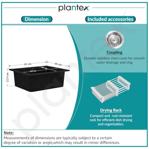 Image of Plantex Undermount Sink For Kitchen /Quartz Acrylic Kitchen Sink With 10 Years Warranty /Metalic Single Bowl Kitchen Sinks With Coupling (Siapan-24X18 Inches, Metallic, Black)