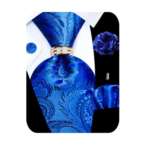 Image of 5PCS Mens Silk Tie, Pocket Square, Cufflinks, Drilled Tie Ring and Lapel Pin Set for Wedding Groom Party