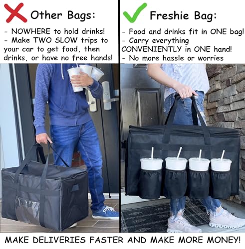 FRESHIE Insulated Food Delivery Bag with Cup Holders/Drink Carriers Premium, for Doordash, Uber Eats, Grubhub, Pizza Bag, Catering, Beverage, Commercial Quality (XL Pro) - view 1
