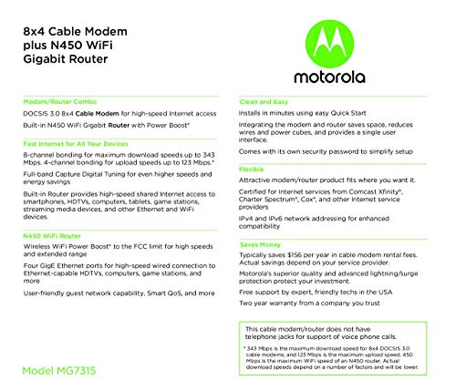 Motorola MG7315 Modem WiFi Router Combo | 2-in-1 Cable Modem with Built in WiFi | DOCSIS 3.0 Modem | N450 WiFi | Approved for Comcast Xfinity, Cox, and Spectrum - image 8