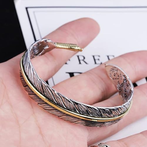 Rpy&Yt Mens Womens S925 Sterling Silver Feather Cuff Bracelet, Gothic Punk Design Feather Adjustable Charm Bracelet #TOP1