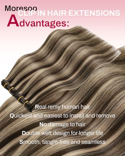 Image of Moresoo Clip in Hair Extensions Remy Double Weft Human Hair Clip in Extensions Straight Hair Extensions for Women Dark Brown Highlight with Caramel Blonde 7pcs 120g 24inch