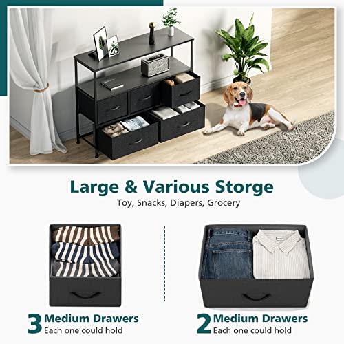 Image of NEWBULIG Dresser,Dresser with 5 Fabric Drawers,Chest of Drawers,Storage Tower, TV Stand Organizer Storage for Bedroom Living Room Hallway, Easy Pull Fabric Bins,Wooden Top, Sturdy Steel Frame,Grey