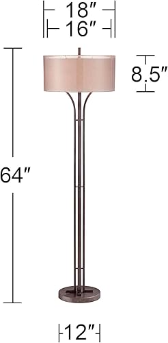 Miniatura 4 de Franklin Iron Works Tristan - Lámpara de pie moderna de 64 pulgadas de alto, de metal, de bronce, tela de lino con textura marrón, doble tambor,