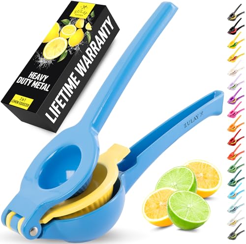 Image of Zulay Kitchen Metal 2-in-1 Lemon Squeezer - Sturdy Max Extraction Hand Juicer Lemon Squeezer Gets Every Last Drop - Easy to Clean Manual Citrus Juicer - Easy-Use Lemon Juicer Squeezer - Blue/Yellow